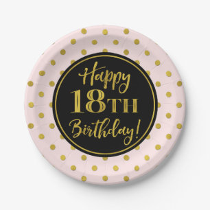 18th Birthday Party Pink Black Gold Dots Paper Pla Plate