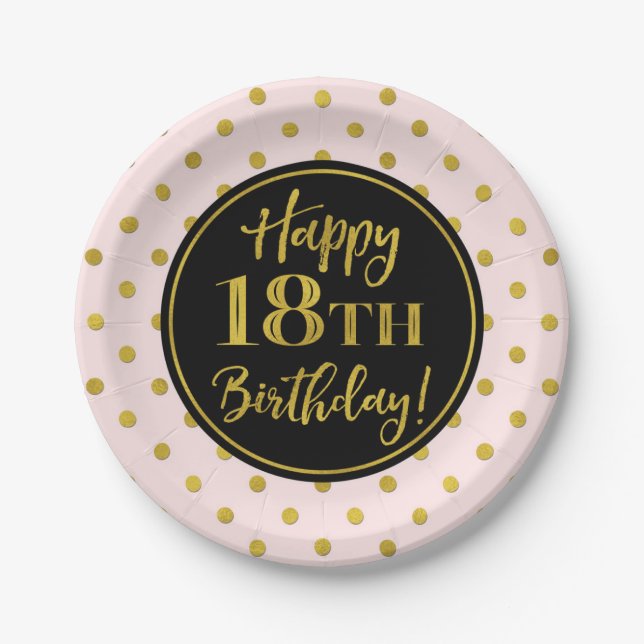 18th Birthday Party Pink Black Gold Dots Paper Pla Plate (Front)
