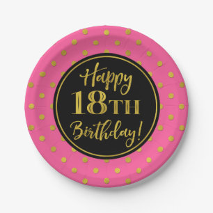 18th Birthday Party Pink Black Gold Dots Paper Plate