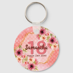18th birthday party pink florals gold geometric key ring