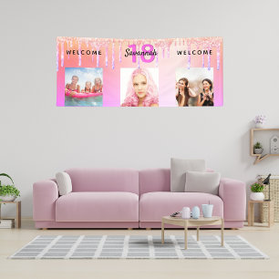 18th birthday party pink photo glitter welcome banner