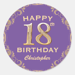 18th Birthday Party Purple and Gold Glitter Frame Classic Round Sticker
