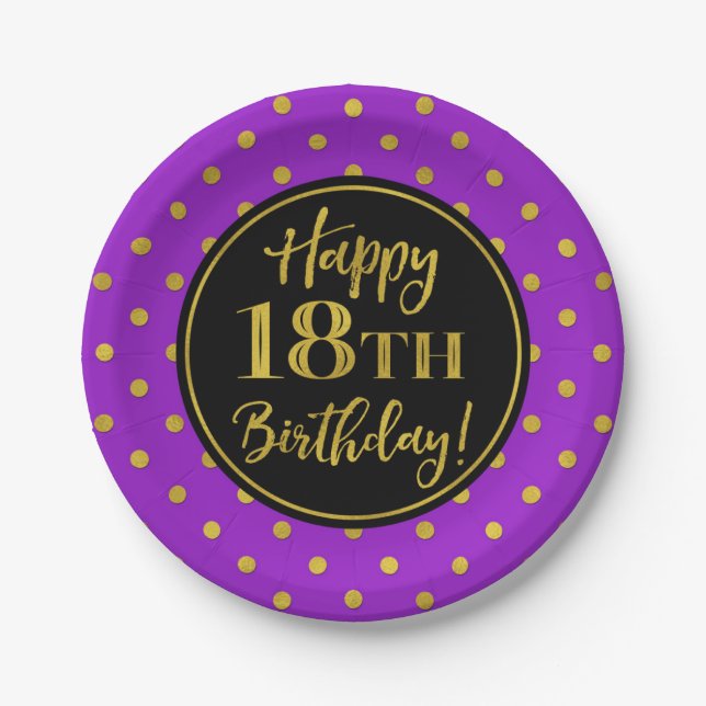 18th Birthday Party Purple Black Gold Dots Paper Plate (Front)