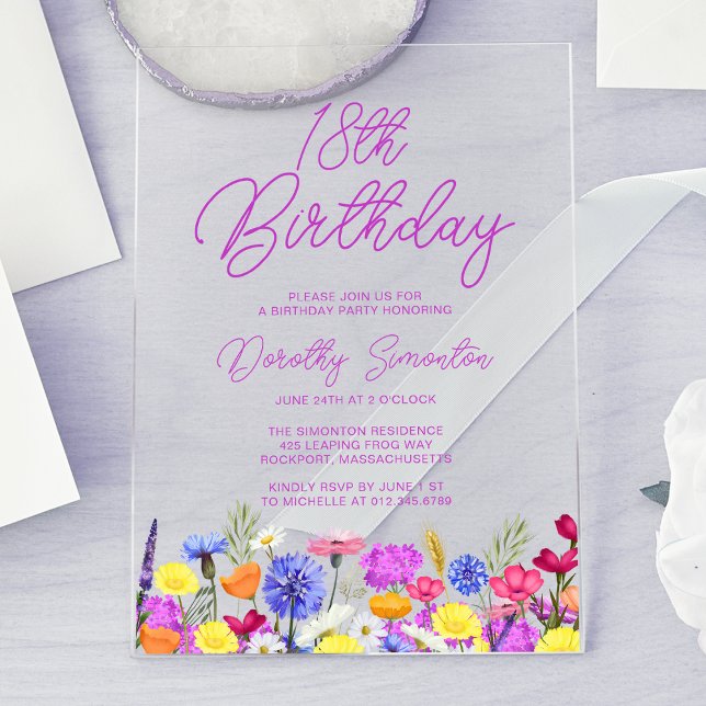 18th Birthday Party Purple Boho Wildflower Acrylic Invitations (Creator Uploaded)