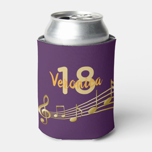 18th birthday party purple gold music notes name can cooler (Can Front)