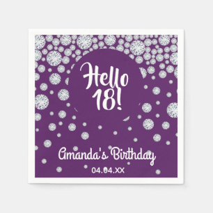 18th birthday party purple hello 18 diamonds name napkin