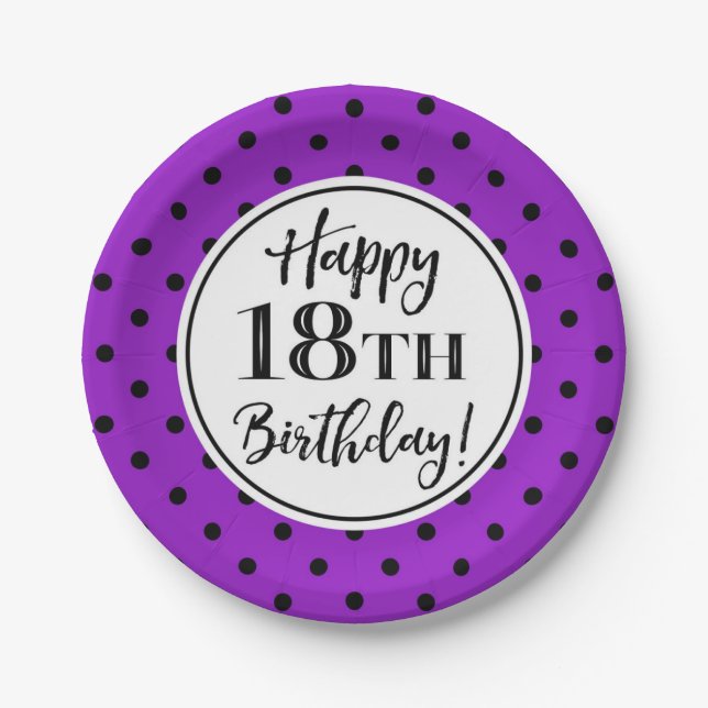 18th Birthday Party Purple White Black Dots Paper Plate (Front)