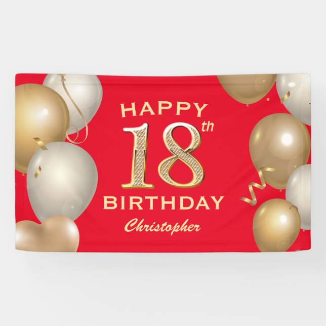 18th Birthday Party Red and Gold Balloons Banner (Horizontal)