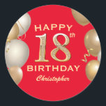 18th Birthday Party Red and Gold Balloons Classic Round Sticker<br><div class="desc">18th Birthday Party Red and Gold Balloons and Confetti Sticker. For further customisation,  please click the "Customise it" button and use our design tool to modify this template.</div>
