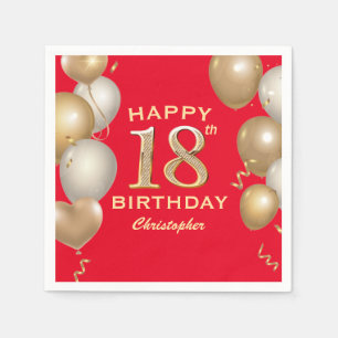 18th Birthday Party Red and Gold Balloons Napkin