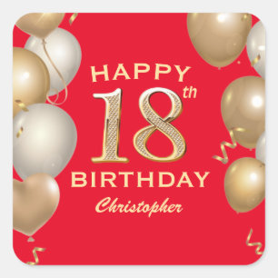 18th Birthday Party Red and Gold Balloons Square Sticker