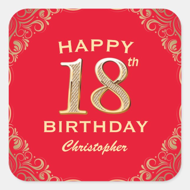 18th Birthday Party Red and Gold Glitter Frame Square Sticker (Front)