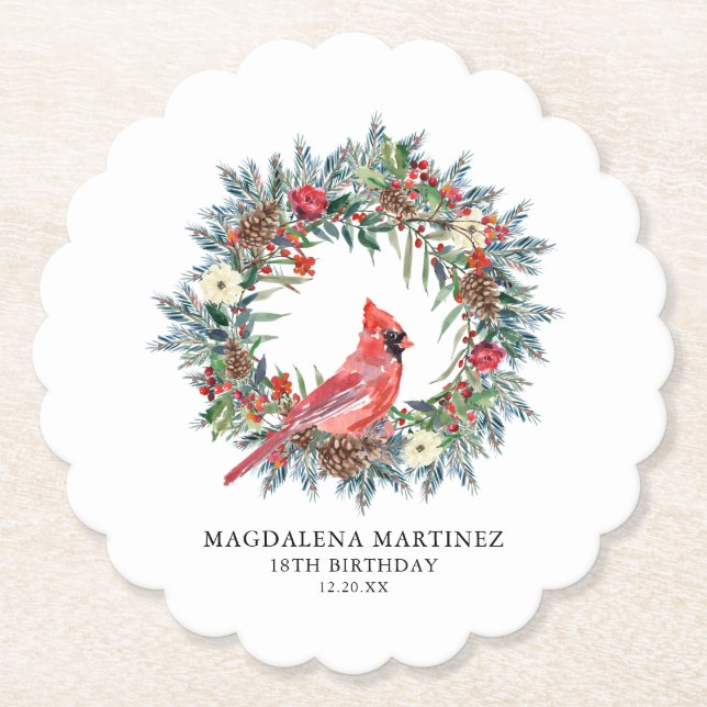 18th Birthday Party Red Cardinal Wreath Custom Paper Coaster (Front)