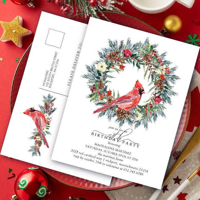 18th Birthday Party Red Cardinal Wreath Invitation Postcard (Creator Uploaded)