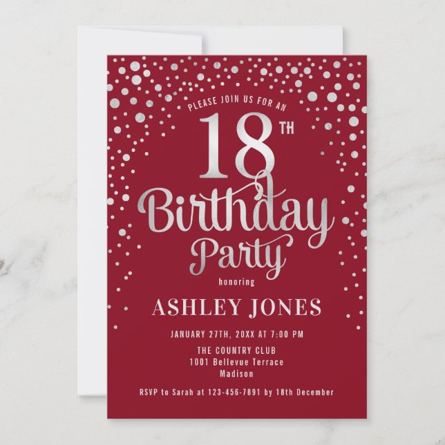 18th Birthday Party - Red & Silver Invitation (Front)
