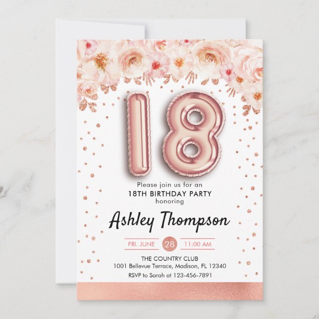 18th Birthday Party - Rose Gold Balloons Invitation (Front)