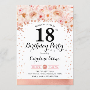 18th Birthday Party - Rose Gold Flowers Invitation