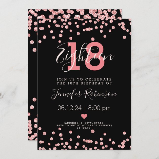 18th Birthday Party Rose Gold Glam Glitter Black  Invitation (Front/Back)