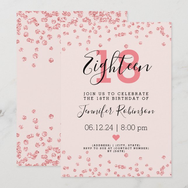 18th Birthday Party Rose Gold Glam Glitter Blush  Invitation (Front/Back)
