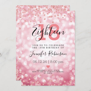 18th Birthday Party Rose Gold Glam Glitter Lights Invitation