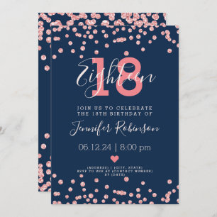 18th Birthday Party Rose Gold Glam Glitter Navy  Invitation