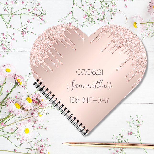 18th birthday party rose gold glitter drips heart notebook (Creator Uploaded)