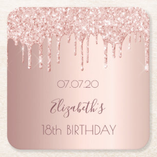 18th birthday party rose gold glitter drips square paper coaster