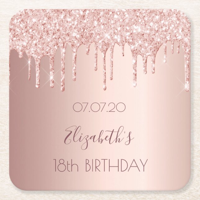 18th birthday party rose gold glitter drips square paper coaster (Front)