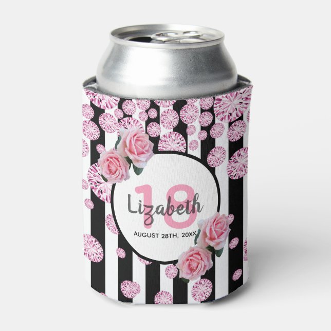 18th birthday party roses pink diamonds stripes can cooler (Can Front)