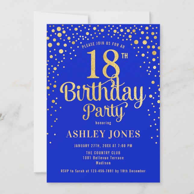 18th Birthday Party - Royal Blue & Gold Invitation (Front)