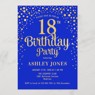 18th Birthday Party - Royal Blue & Gold Invitation