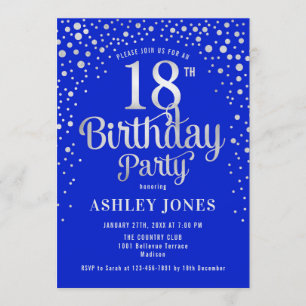 18th Birthday Party - Royal Blue & Silver Invitation