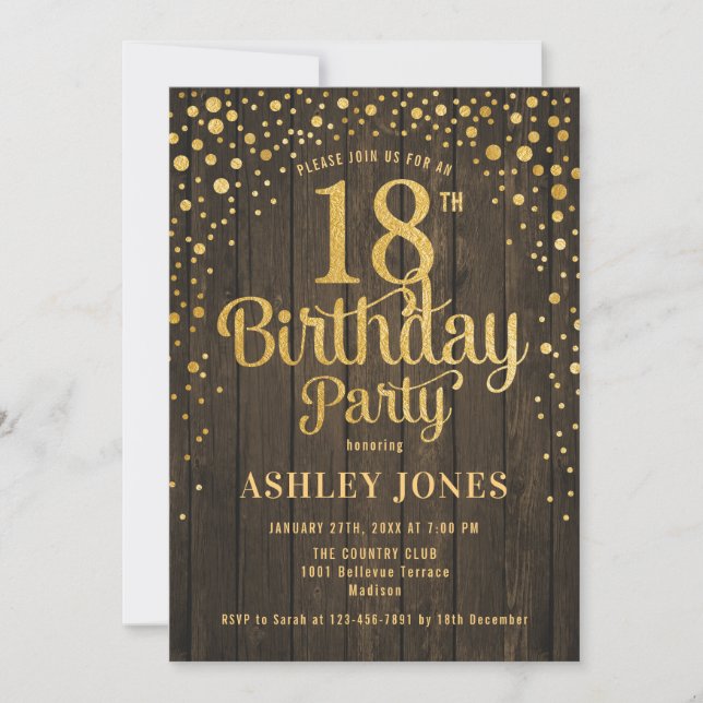 18th Birthday Party - Rustic Wood & Gold Invitation (Front)
