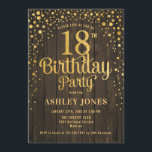 18th Birthday Party - Rustic Wood & Gold Invitation<br><div class="desc">18th Birthday Party Invitation.
Elegant design in faux glitter gold and dark brown rustic wood pattern. Features stylish script font and confetti. Message me if you need custom age.</div>