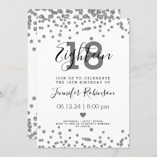 18th Birthday Party Silver Glam Glitter Confetti  Invitation