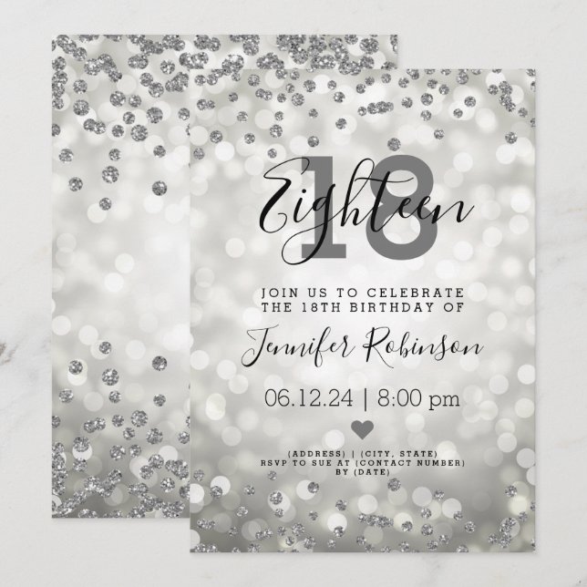 18th Birthday Party Silver Glam Glitter Lights Invitation (Front/Back)