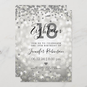 18th Birthday Party Silver Glam Glitter Lights Invitation