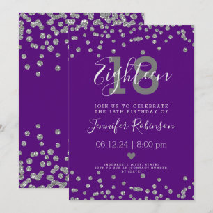 18th Birthday Party Silver Glitter Confetti Purple Invitation