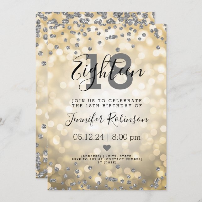 18th Birthday Party Silver Glitter Lights Gold  Invitation (Front/Back)