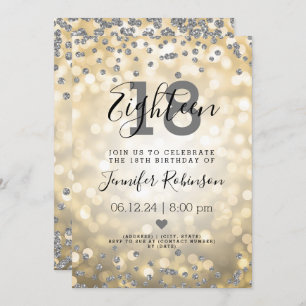 18th Birthday Party Silver Glitter Lights Gold  Invitation