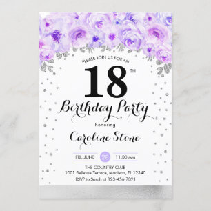 18th Birthday Party - Silver Purple Flowers Invitation