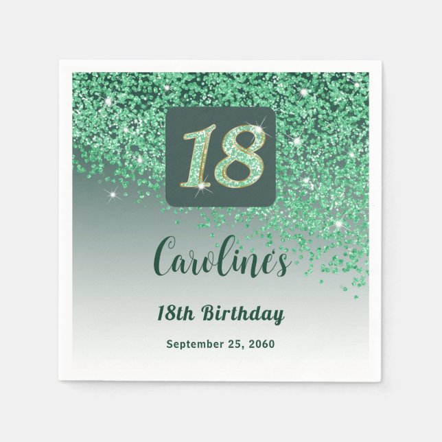 18th Birthday Party Sparkling Green Glitter Napkin (Front)