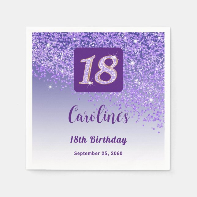 18th Birthday Party Sparkling Purple Glitter Napkin (Front)