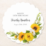 18th Birthday Party Sunflower Daisy Custom Paper Coaster<br><div class="desc">Elegant and classy yellow sunflower,  peony and white daisy floral custom paper coasters. Three lines of text let you personalise your table decor.</div>