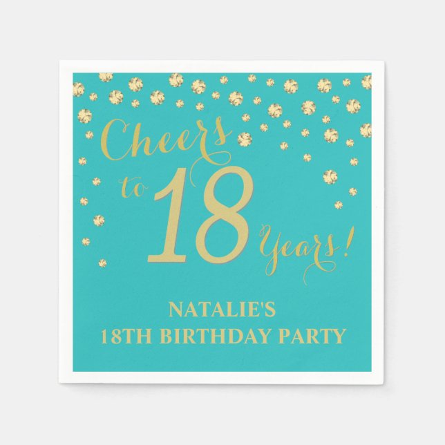 18th Birthday Party Teal and Gold Diamond Napkins (Front)