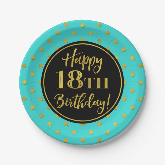 18th Birthday Party Turquoise Black Gold Dots Paper Plate (Front)