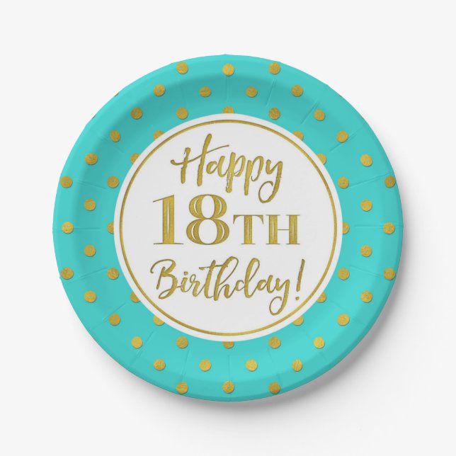 18th Birthday Party Turquoise White Gold Dots Paper Plate (Front)
