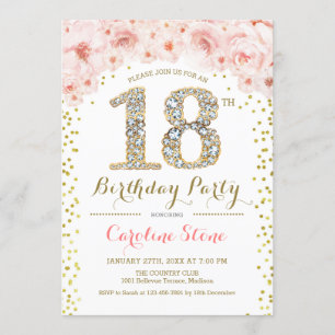 18th Birthday Party - White Gold Pink Invitation