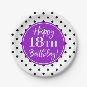 18th Birthday Party White Purple Black Dots Paper Plate