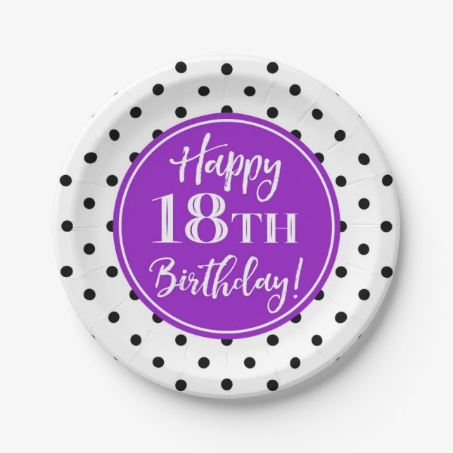18th Birthday Party White Purple Black Dots Paper Plate (Front)